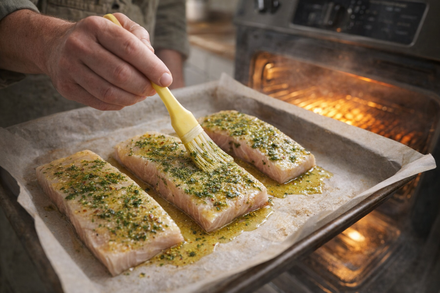 Action shot of brushing herb-infused olive oil onto mahi mahi fillets on a parchment-lined baking sheet, oven in the background with visible heat